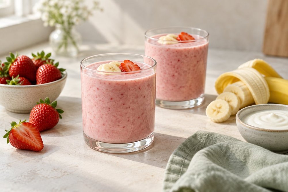 Jahodové smoothie s banánem a bílým jogurtem